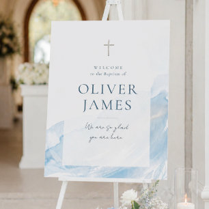 Dusty Blue Watercolor Cross Baptism Welcome Foam Board