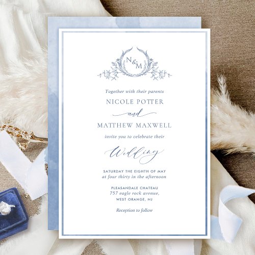 Dusty Blue Watercolor Elegant Monogram Wedding Invitation
