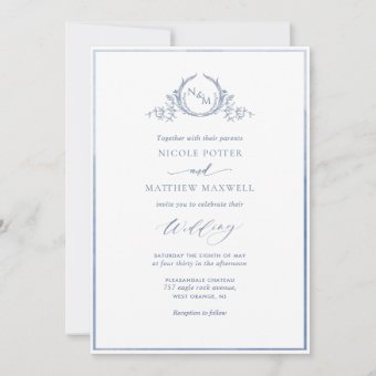 Dusty Blue, Watercolor Elegant Monogram Wedding Invitation | Zazzle