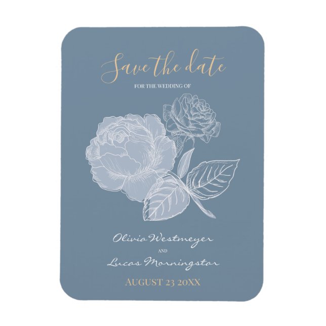 Dusty Blue Watercolor Etched Rose  Save the Date Magnet (Vertical)