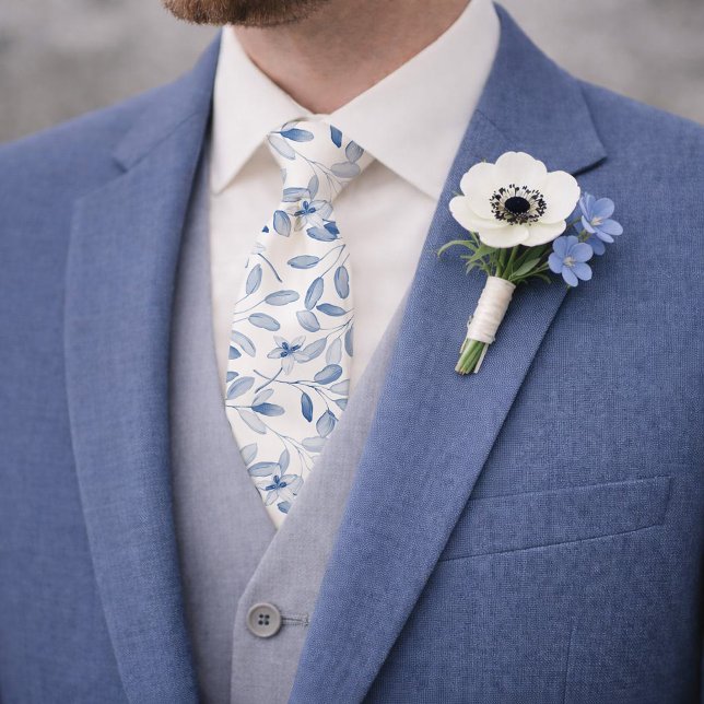 Dusty Blue Watercolor Eucalyptus Floral Neck Tie (Creator Uploaded)