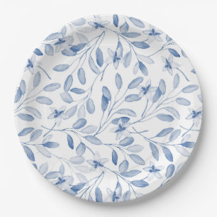 Dusty Blue Watercolor Eucalyptus Floral Paper Plates