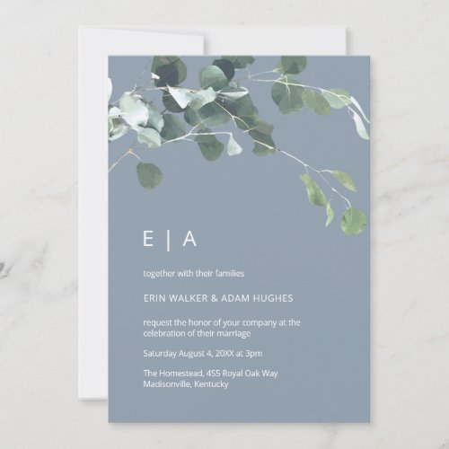 Dusty Blue Watercolor Eucalyptus Greenery Monogram Invitation