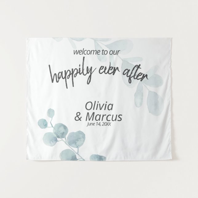 Dusty Blue Watercolor Eucalyptus Wedding Prop Tapestry (Front (Horizontal))