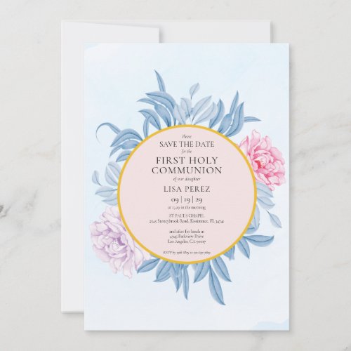 Dusty Blue Watercolor First Communion Save The Date