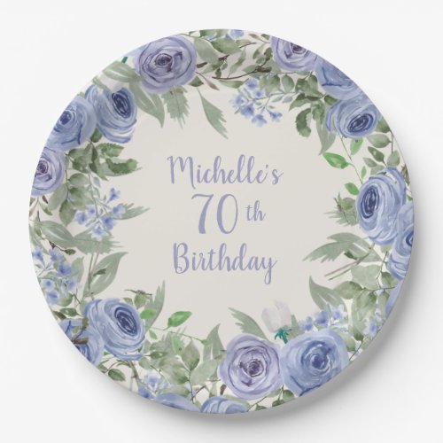 Dusty Blue Watercolor Floral 70th Birthday  Paper Plates