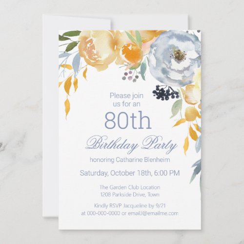 Dusty Blue Watercolor Floral 80th Birthday Party  Invitation