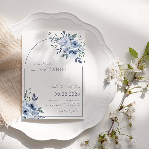 Dusty Blue Watercolor Floral Arch Wedding  Invitation