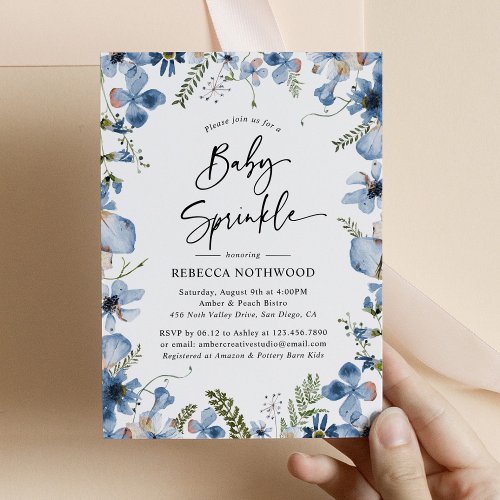 Dusty Blue Watercolor Floral Baby Sprinkle Invitation