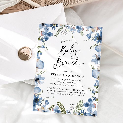 Dusty Blue Watercolor Floral Blue Baby Brunch Invitation