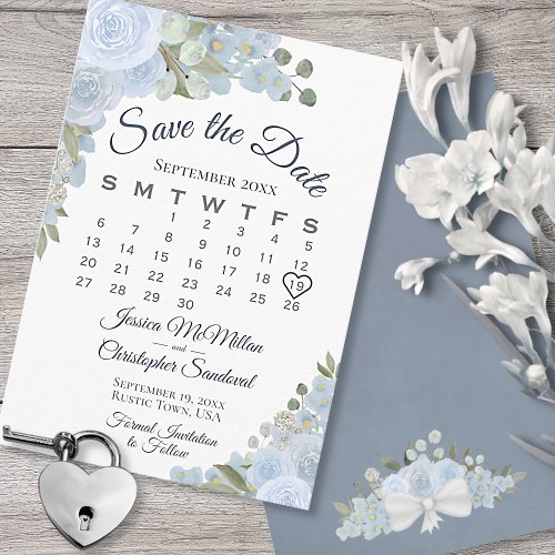 Dusty Blue Watercolor Floral Boho Wedding Calendar Save The Date