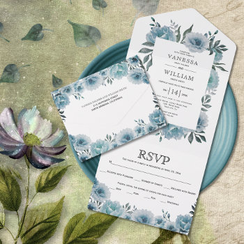 Dusty Blue Watercolor Floral Border Sping Wedding All In One Invitation by weddings_ at Zazzle