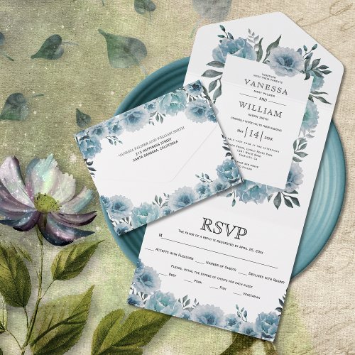 Dusty blue watercolor floral border spring wedding all in one invitation