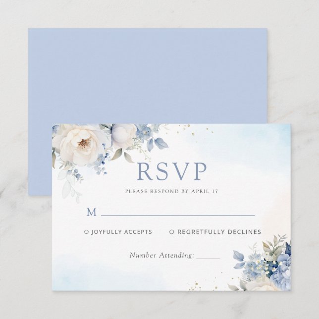 Dusty Blue Watercolor Floral Botanical Wedding  RSVP Card (Front/Back)
