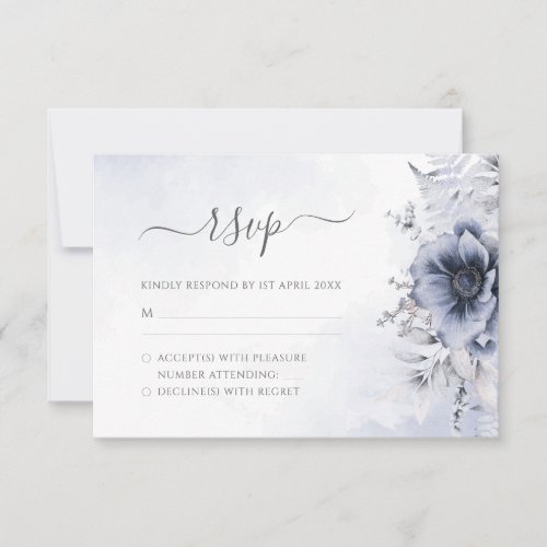 Dusty Blue Watercolor Floral Botanical Wedding RSVP Card