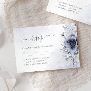 Dusty Blue Watercolor Floral Botanical Wedding RSVP Card