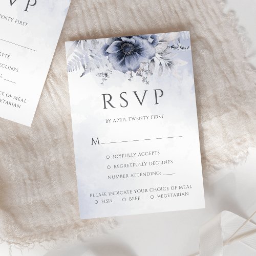 Dusty Blue Watercolor Floral Botanical Wedding RSVP Card