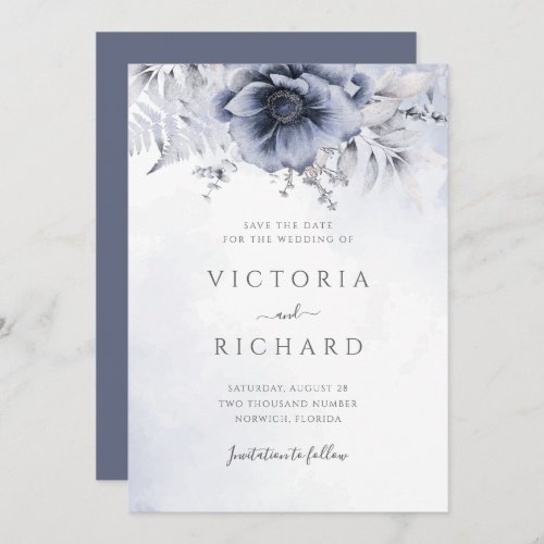 Dusty Blue Watercolor Floral Botanical Wedding Save The Date