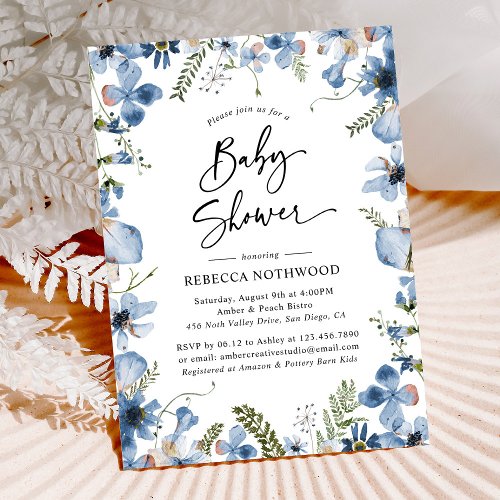 Dusty Blue Watercolor Floral Boy Baby Shower Invitation