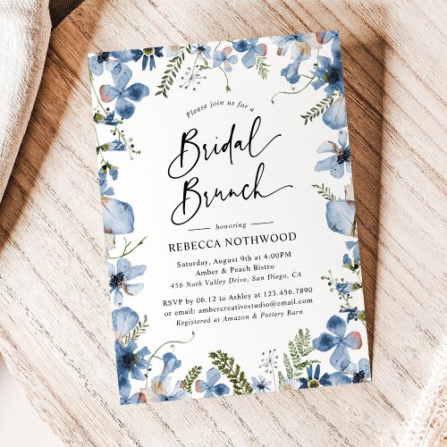 Dusty Blue Watercolor Floral Bridal Brunch Shower Invitation