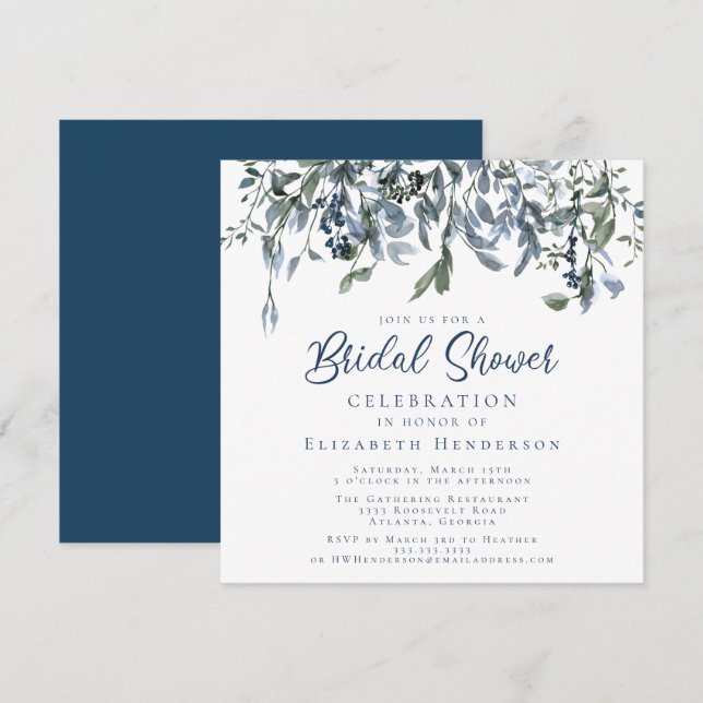 Dusty Blue Watercolor Floral Bridal Shower Invitation (Front/Back)