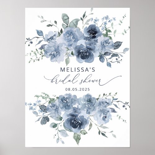 Dusty Blue Watercolor Floral Bridal Shower Poster