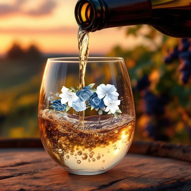Dusty Blue Watercolor Floral Bridal Shower Stemless Wine Glass (Dusty Blue Floral Watercolor Script Bridal Shower Stemless Wine Glass)