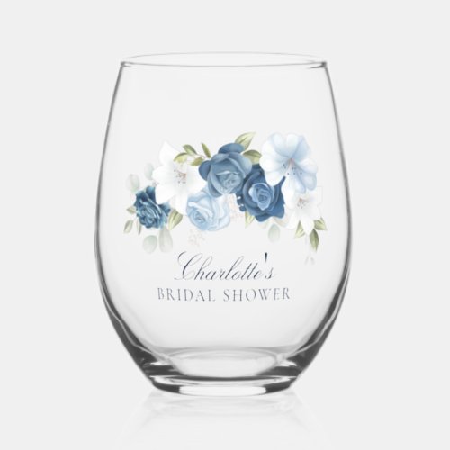 Dusty Blue Watercolor Floral Bridal Shower Stemless Wine Glass