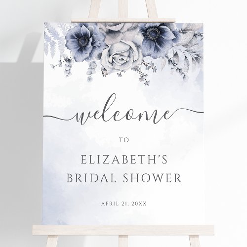Dusty Blue Watercolor Floral Bridal Shower Welcome Foam Board