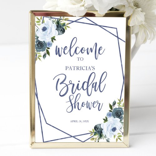 Dusty Blue Watercolor Floral Bridal Shower Welcome Poster
