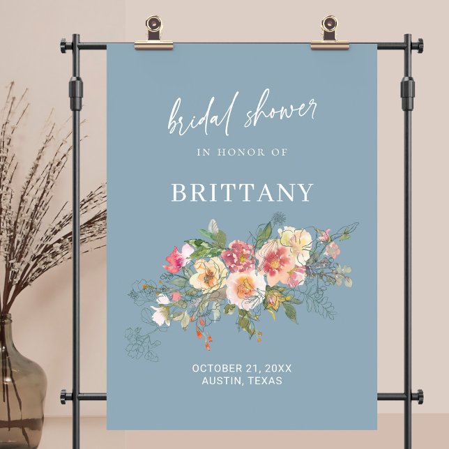 Dusty Blue Watercolor Floral Bridal Shower Welcome Poster (Dusty Blue Watercolor Floral Bridal Shower Welcome Poster )
