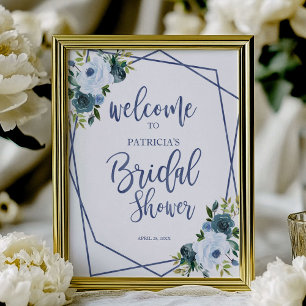 Dusty Blue Watercolor Floral Bridal Shower Welcome Poster