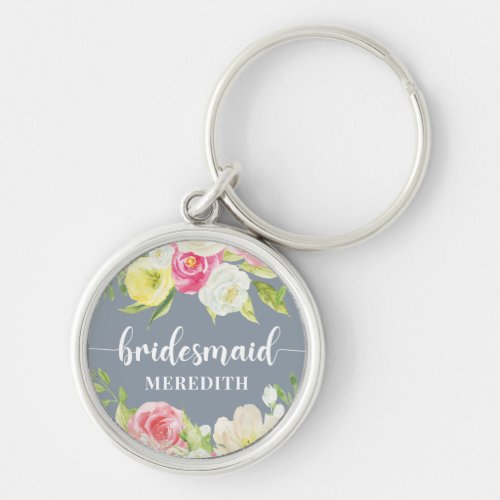 Dusty Blue Watercolor Floral Bridesmaid Name Keychain