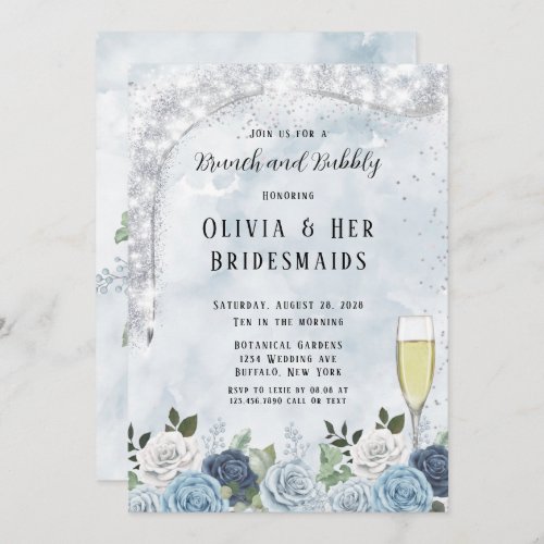 Dusty Blue Watercolor Floral Brunch and Bubbly Invitation