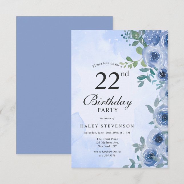 Dusty Blue Watercolor Floral Chic 22nd Birthday Invitation (Front/Back)