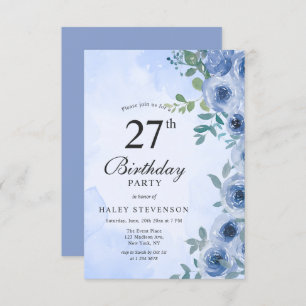 Dusty Blue Watercolor Floral Chic 27th Birthday Invitation