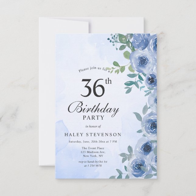 Dusty Blue Watercolor Floral Chic 36th Birthday Invitation (Front)