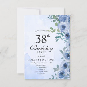 Dusty Blue Watercolor Floral Chic 38th Birthday Invitation