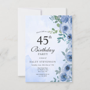Dusty Blue Watercolor Floral Chic 45th Birthday In Invitation