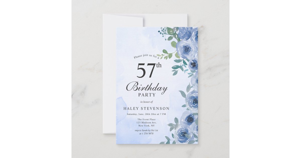 Dusty Blue Watercolor Floral Chic 57th Birthday In Invitation | Zazzle