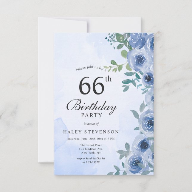 Dusty Blue Watercolor Floral Chic 66th Birthday In Invitation (Front)