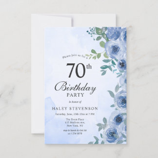Dusty Blue Watercolor Floral Chic 70th Birthday In Invitation
