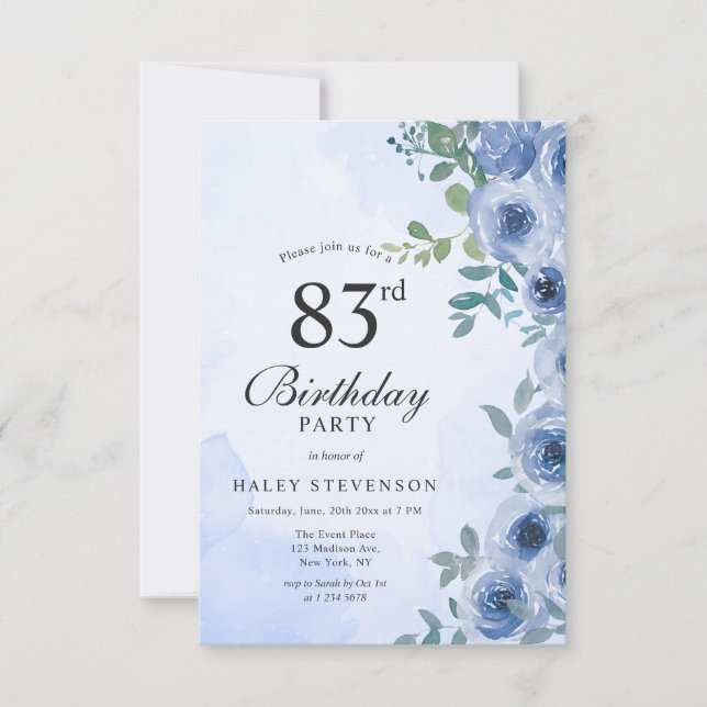 Dusty Blue Watercolor Floral Chic 83rd Birthday Invitation (Front)