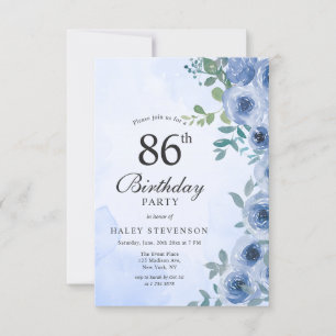 Dusty Blue Watercolor Floral Chic 86th Birthday Invitation