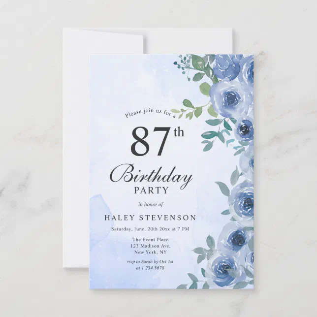 Dusty Blue Watercolor Floral Chic 87th Birthday Invitation | Zazzle