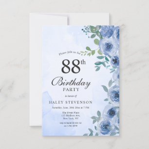 Dusty Blue Watercolor Floral Chic 88th Birthday Invitation
