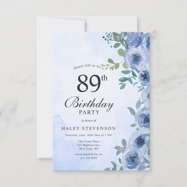 Dusty Blue Watercolor Floral Chic 89th Birthday Invitation (Front)