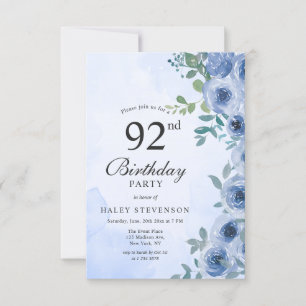 Dusty Blue Watercolor Floral Chic 92nd Birthday Invitation
