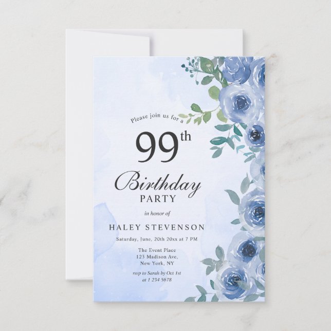 Dusty Blue Watercolor Floral Chic 99th Birthday Invitation (Front)