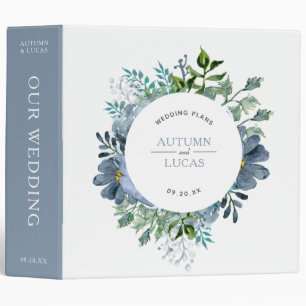 Dusty Blue Watercolor Floral Circle Wedding Album 3 Ring Binder